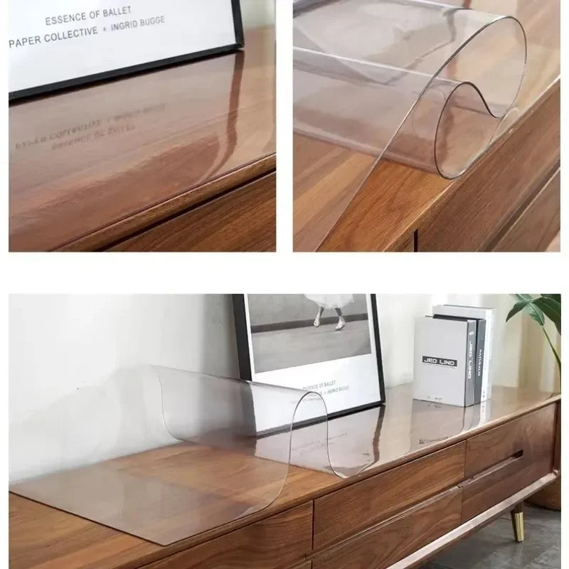 Clear PVC waterproof table protector used to cover and protect wooden furniture surfaces.
