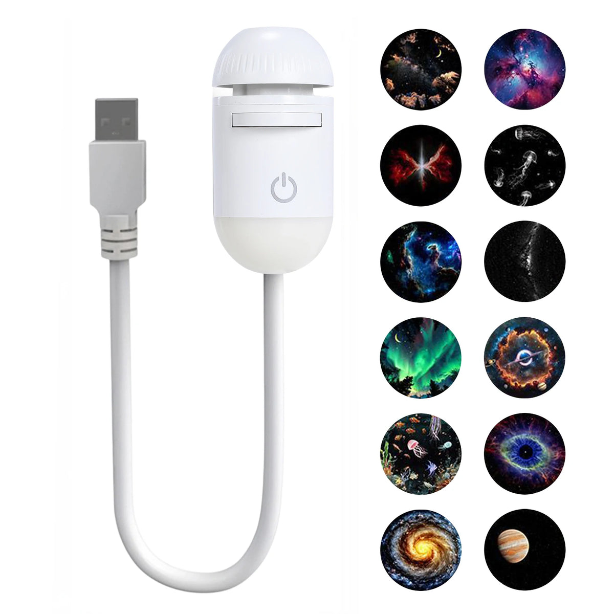 A white 2-in-1 mini galaxy star projector night light with a USB connector and multiple colorful star patterns.