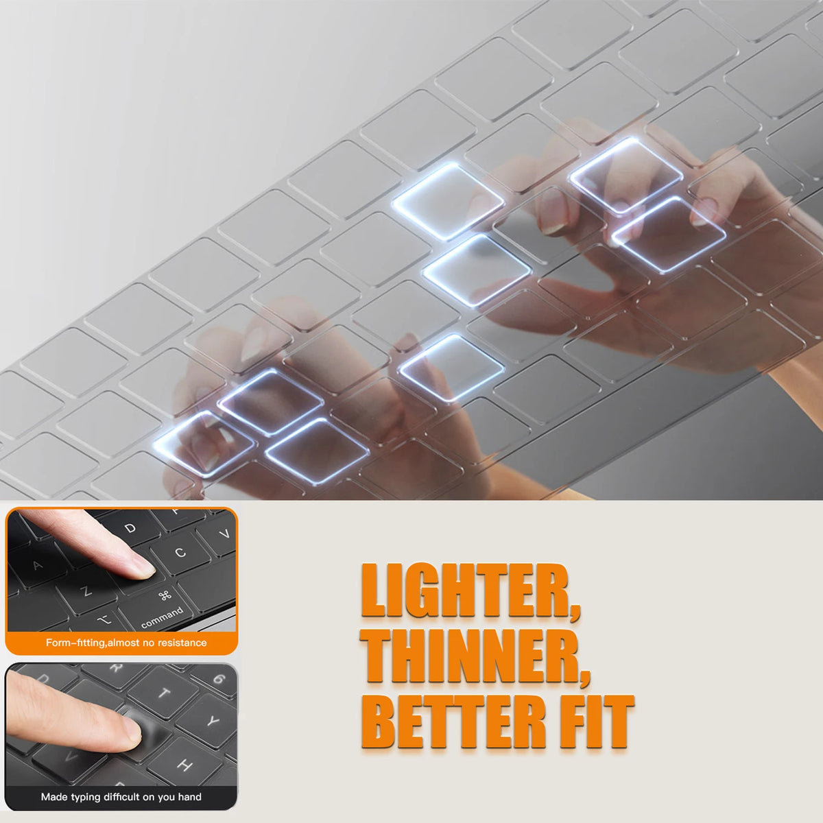 Hands are shown placing a clear silicone keyboard cover on a laptop, demonstrating its thinness and fit.