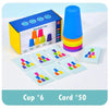 A set of six colorful stacking cups and fifty activity cards for early learning.