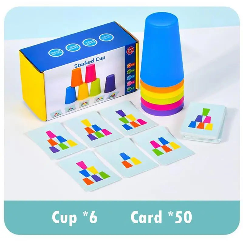 A set of six colorful stacking cups and fifty activity cards for early learning.