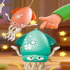 An orange octopus toy with long tentacles is shown dancing with a green hand, set against a warm indoor background.