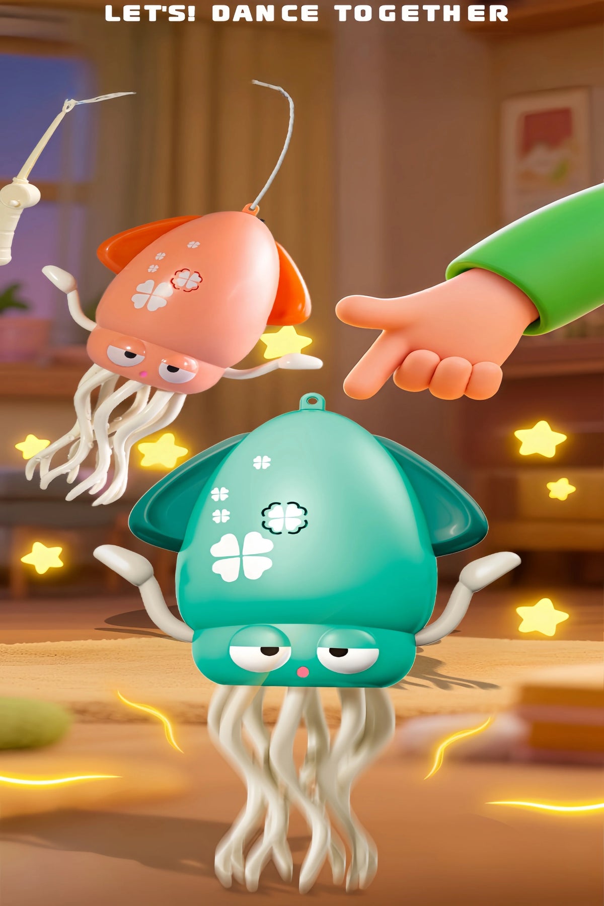 An orange octopus toy with long tentacles is shown dancing with a green hand, set against a warm indoor background.