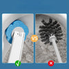 Comparison showing a blue disposable toilet brush and a black bristled brush against a white holder.