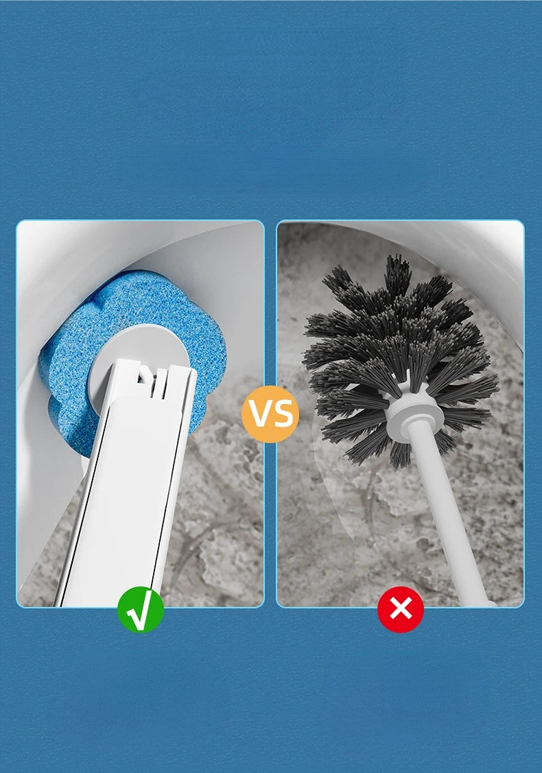 Comparison showing a blue disposable toilet brush and a black bristled brush against a white holder.
