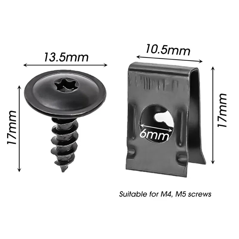 Black self-tapping screws and U-shaped spacers kit with various sizes shown for M4 and M5 screws.
