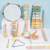 A set of wooden percussion instruments including a maraca, shakers, and various wooden sticks displayed on a white surface.