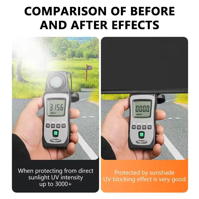 Comparison showing a hand holding a car sunshade before and after use, demonstrating UV blocking protection.