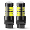 A pair of T25 3157 LED bulbs for brake lights or turn signals, featuring bright yellow light inside black casings.