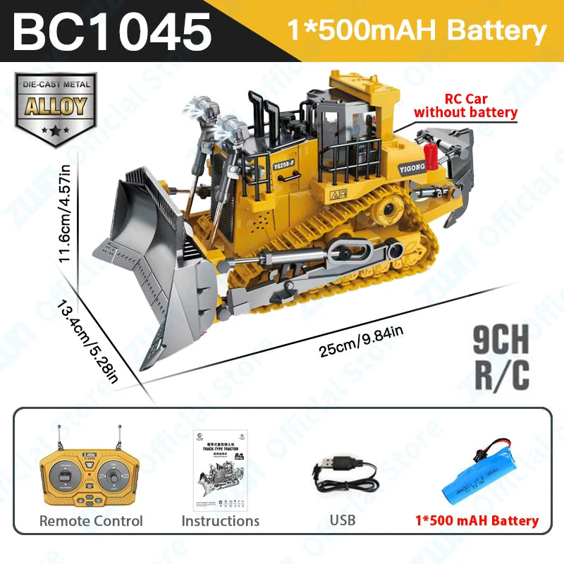 Yellow RC excavator model with a dump truck attachment and a 1x500mAh battery