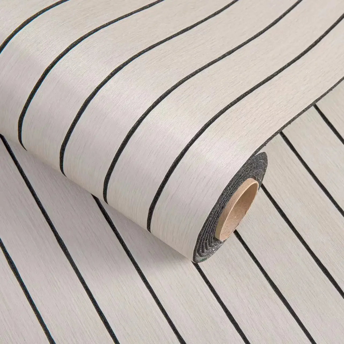 Roll of 3D grille pattern peel-and-stick wallpaper with thin black stripes