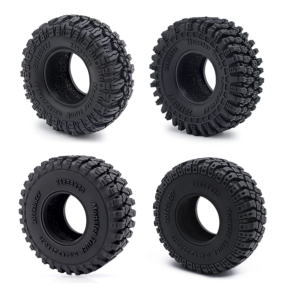 A set of black rubber mud terrain tires for Axial SCX24 and TRX4M, shown from various angles.