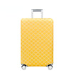 A bright yellow stretchable luggage cover with a diamond pattern and silver handle and wheels.