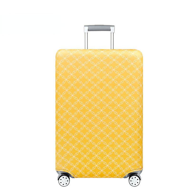 A bright yellow stretchable luggage cover with a diamond pattern and silver handle and wheels.