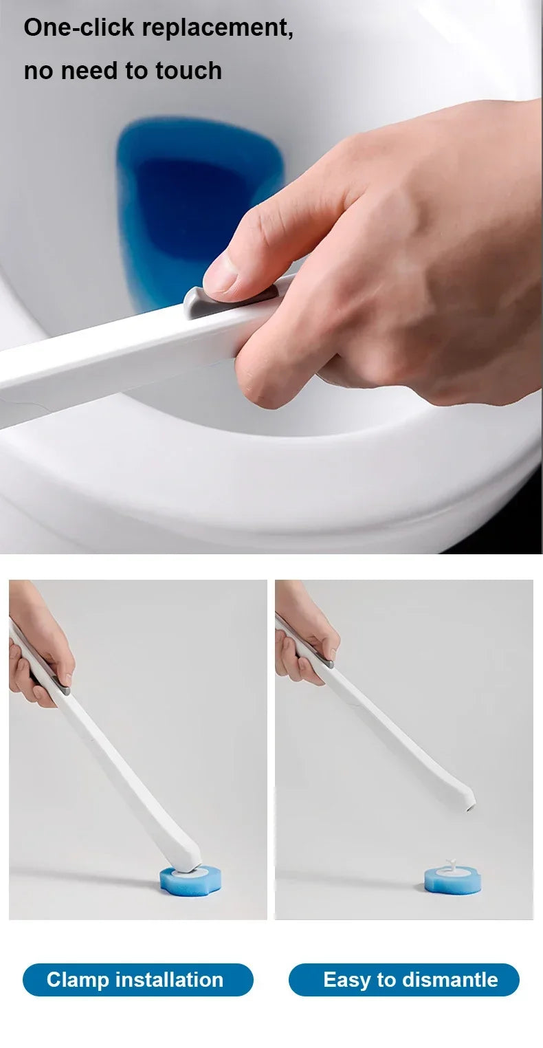A hand is shown using a white clamp to replace the head of a blue disposable toilet brush and holder set.