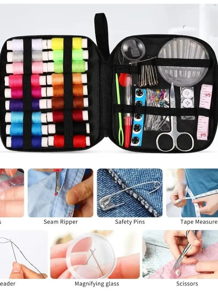A complete sewing kit showing various tools including seam ripper, safety pins, tape measure, needle, magnifying glass, and s