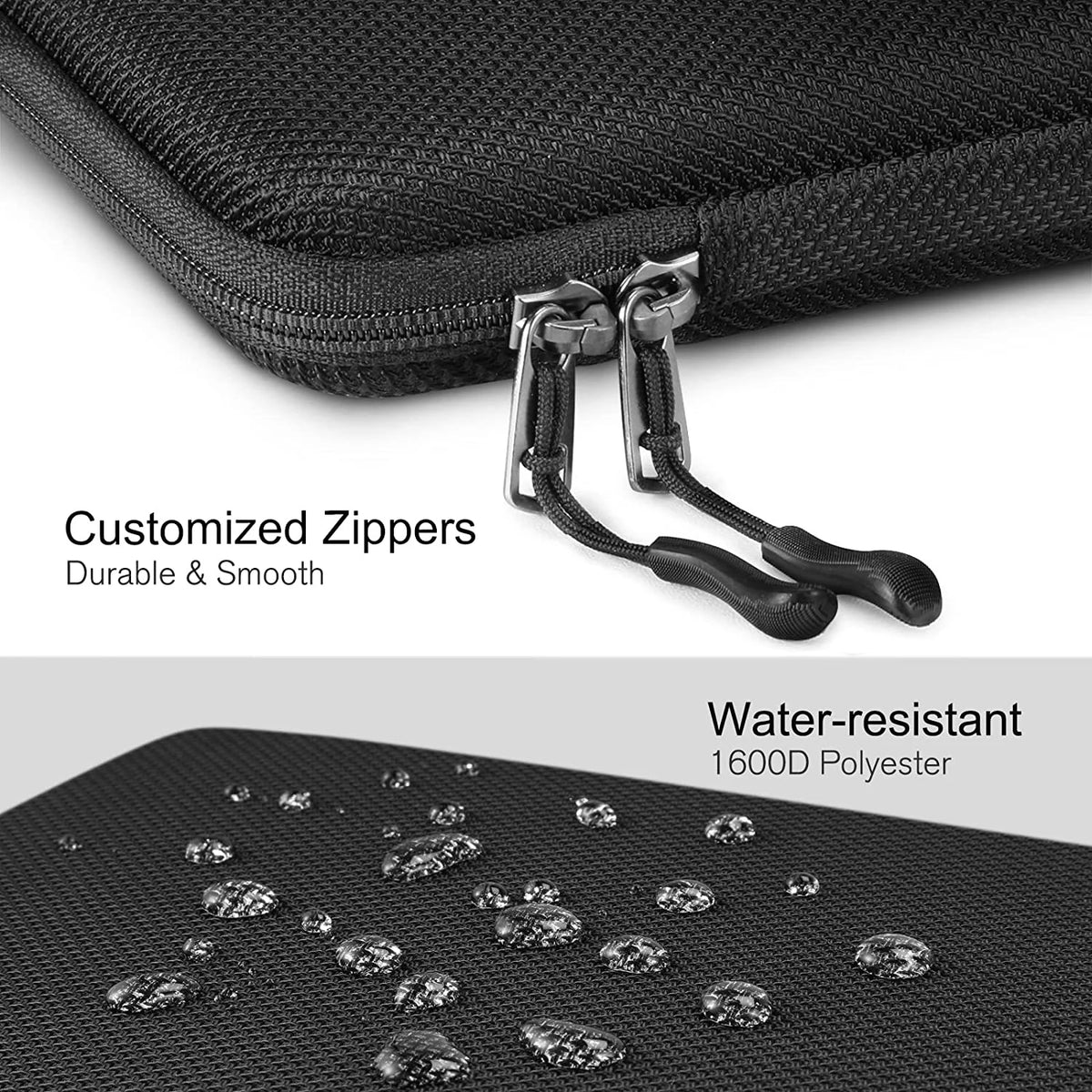Black EVA protective laptop sleeve featuring customized zippers and water-resistant 1600D polyester fabric