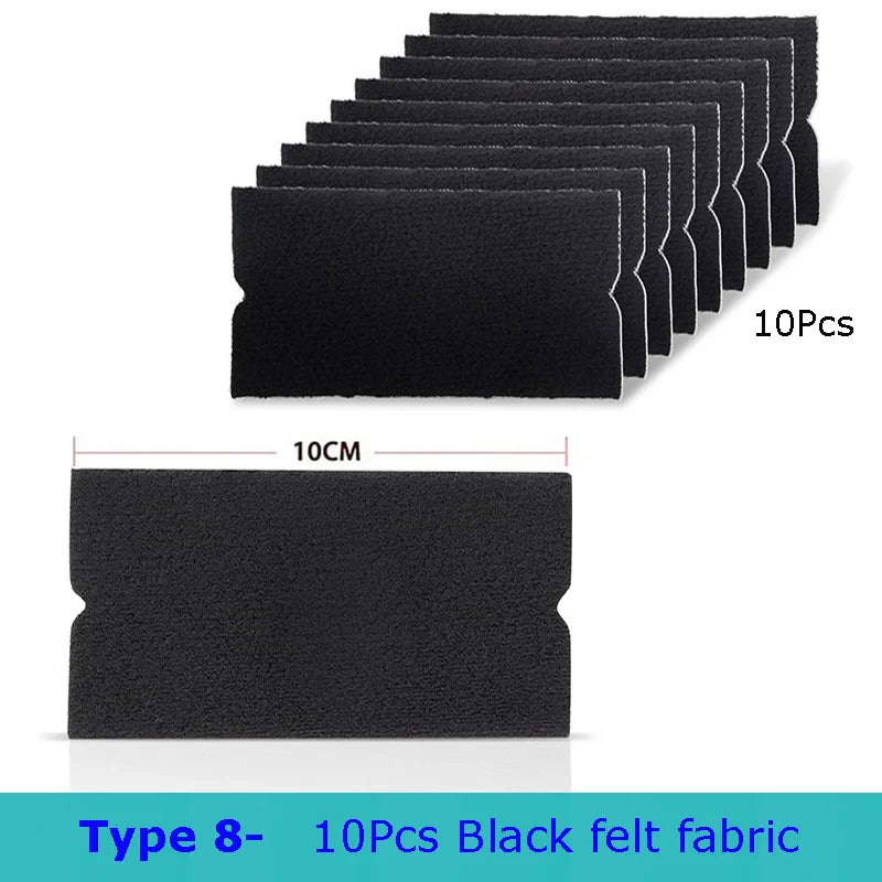 A set of ten black felt fabric pieces used for vinyl wrap and film application.