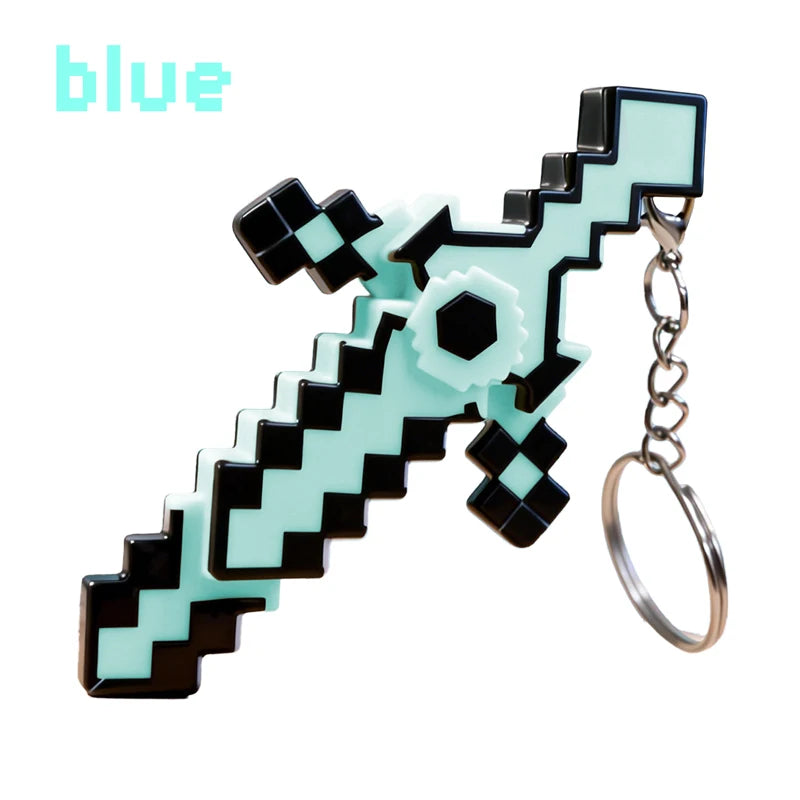 A glow-in-the-dark transformable gemstone toy keychain with a black and light blue geometric design.