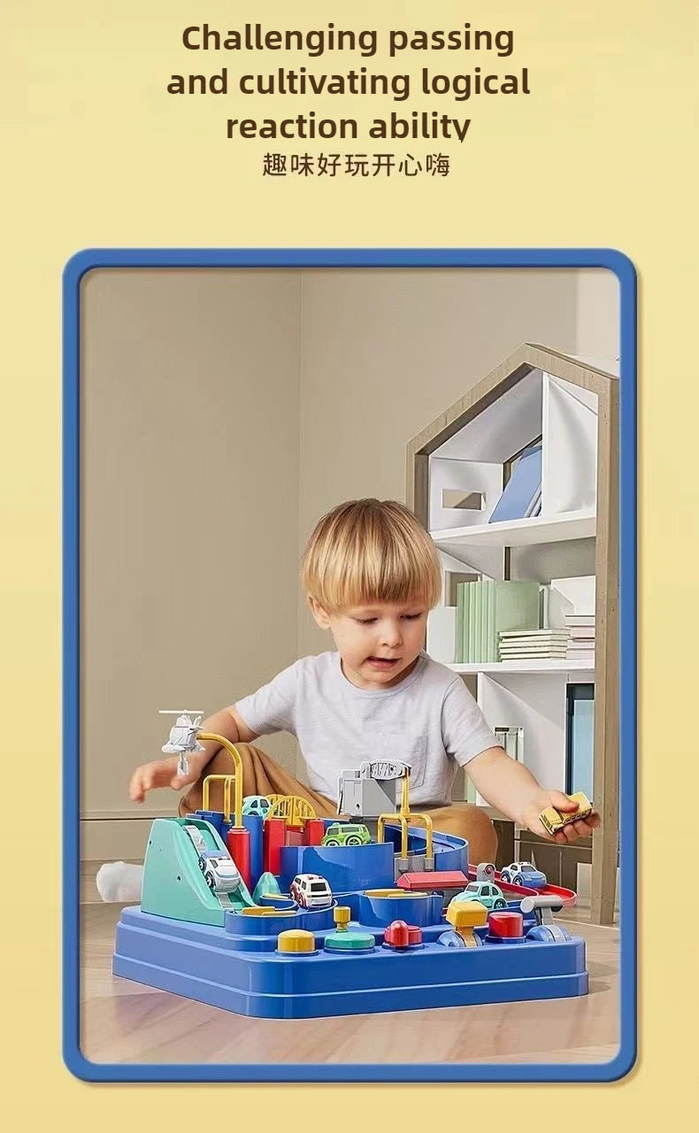 A young child is playing with a blue and green interactive racing rail car set featuring various vehicle designs.
