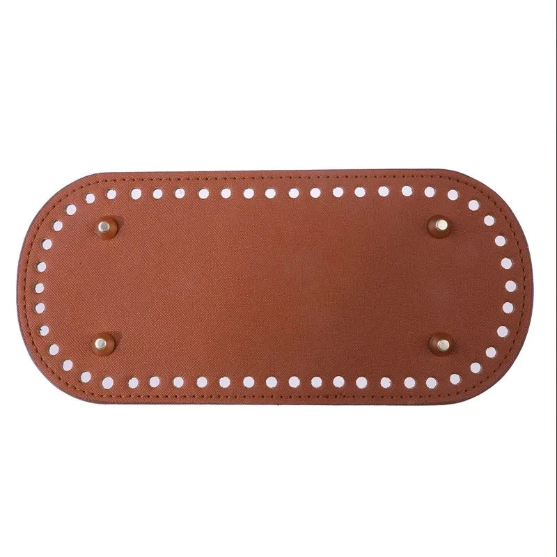 A brown PU leather bag base with pre-drilled holes for DIY knitting and crochet projects.