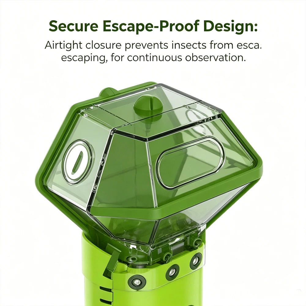 A close-up view of a green, secure escape-proof bug catcher and magnifying viewer for kids.