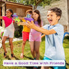 Three children playing with foam disc launcher flying discs outdoors