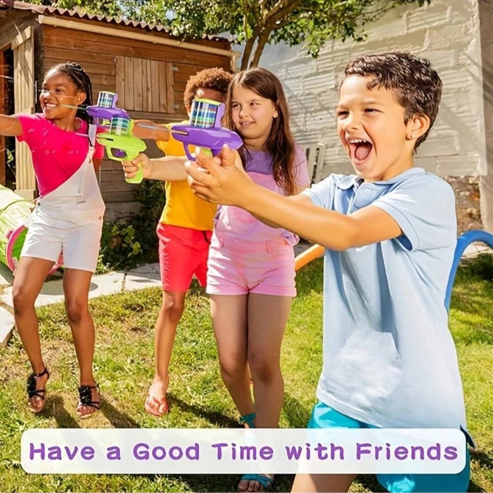 Three children playing with foam disc launcher flying discs outdoors