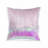 A decorative pillowcase featuring a soft pink fur top and a shimmering silver and gold sequin bottom.