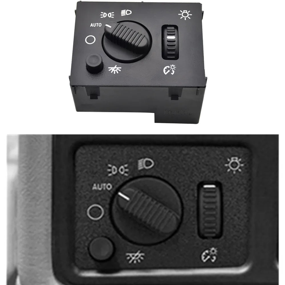 A black electronic switch with auto mode and light indicators for a vehicle headlight and fog light system.