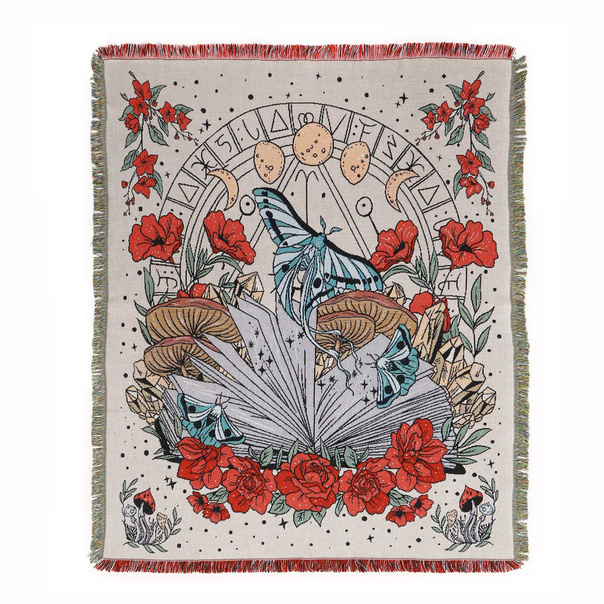 A woven throw blanket featuring a floral and celestial design in muted earth tones and red accents.