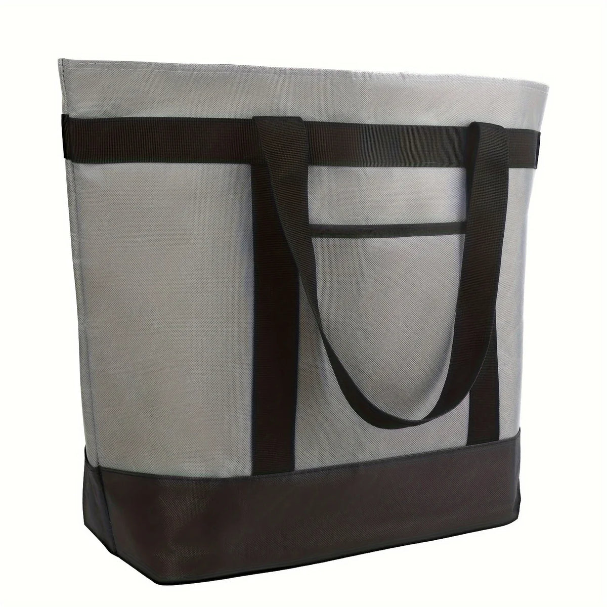 A large gray insulated cooler bag with dark brown accents and handles.