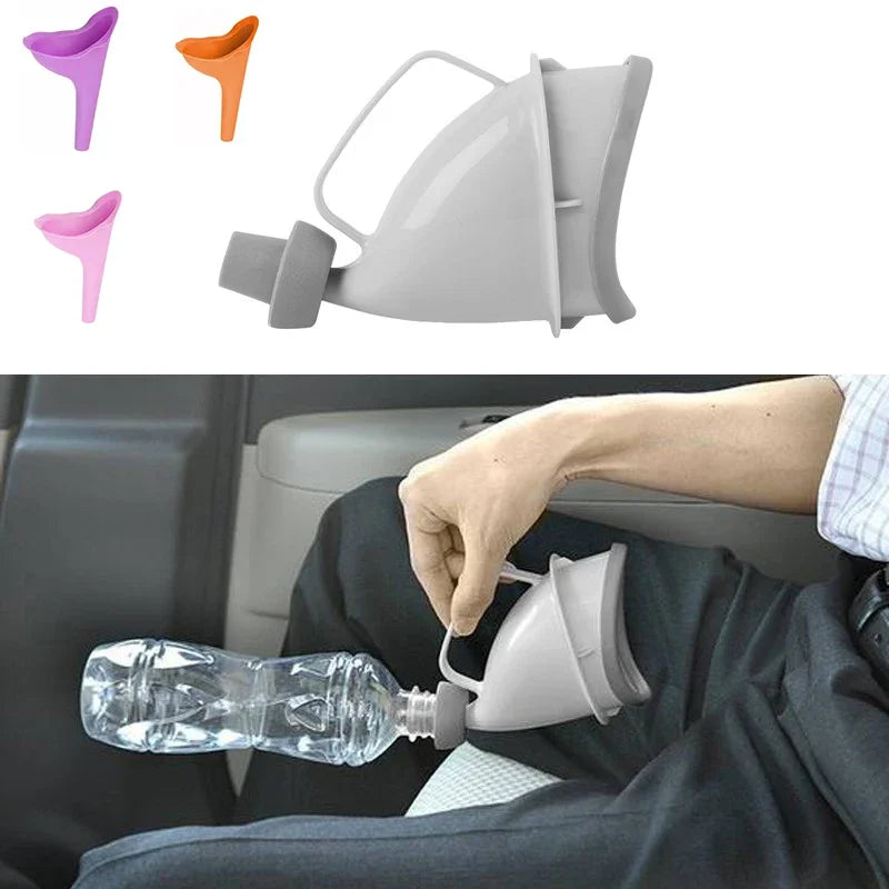 A portable reusable urinal funnel in various colors is shown alongside its use for pouring liquid from a bottle.