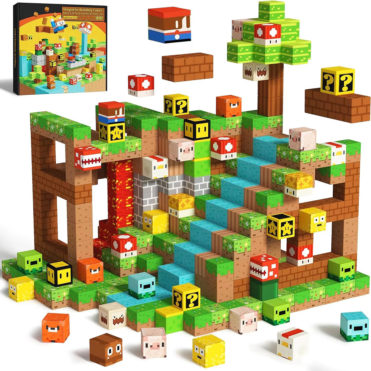 A collection of colorful magnetic building blocks and wooden structures for a STEM playset.