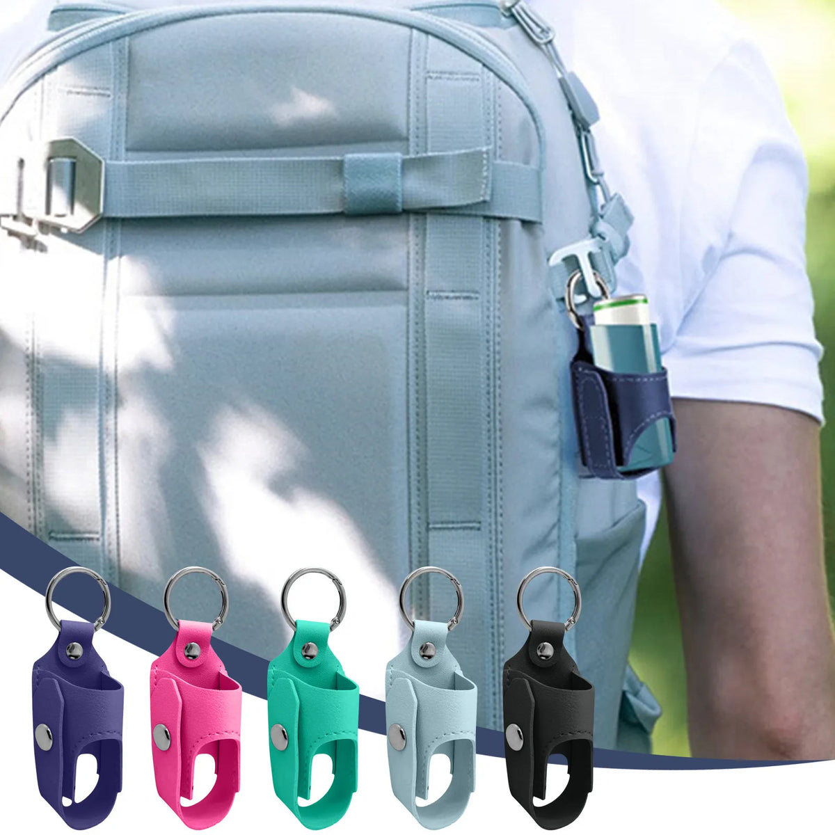 A light blue backpack shows a protective PU leather inhaler case with various colored keychains attached.