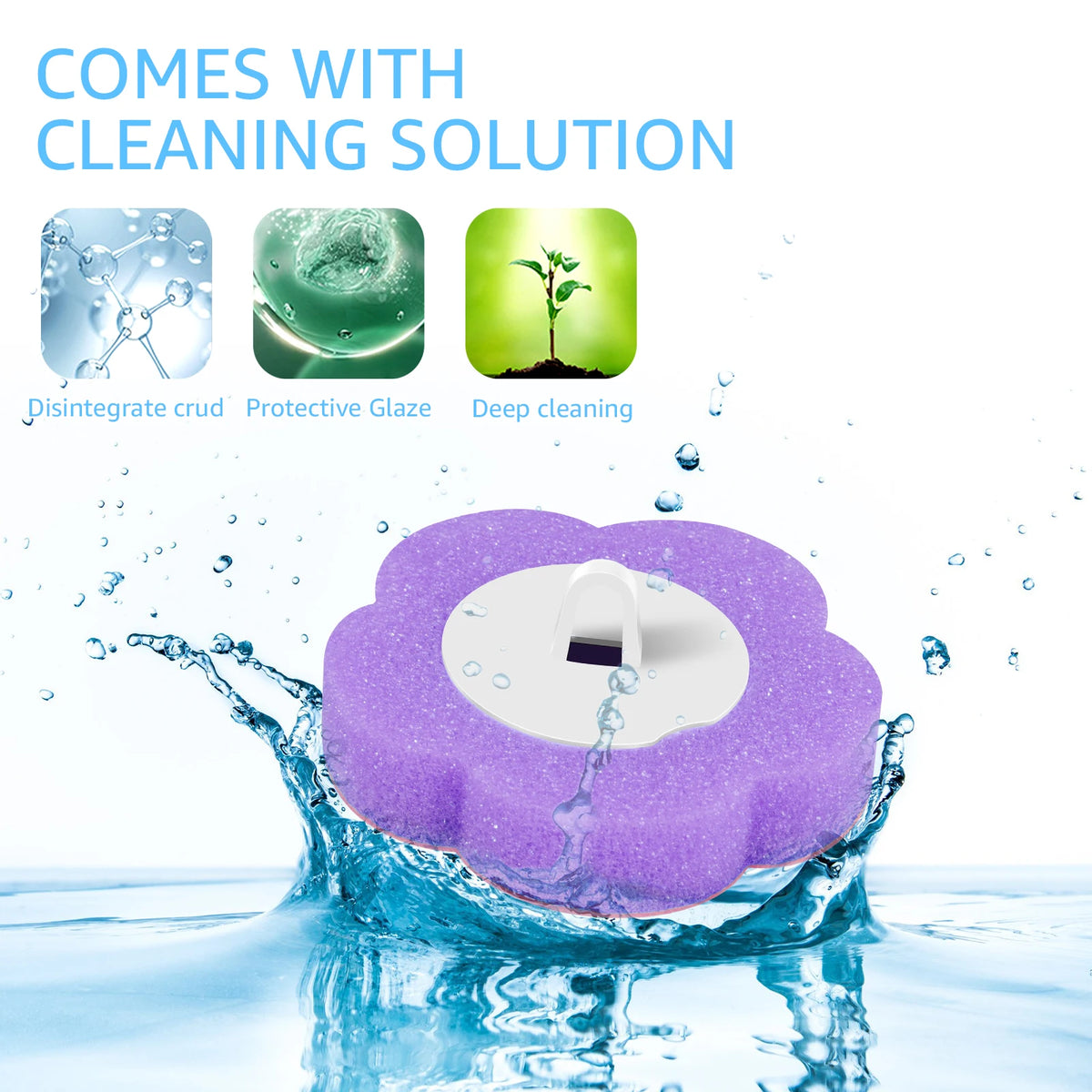 A purple disposable toilet brush set with a white sponge head is shown submerged in water.