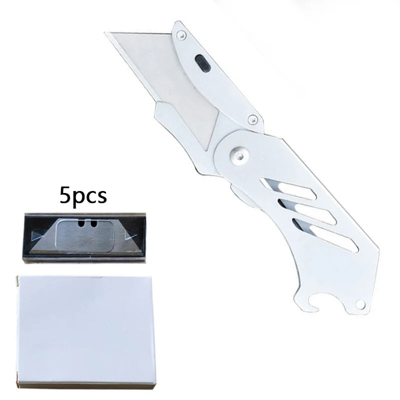 Stainless steel folding utility knife with five replaceable blades and a protective case