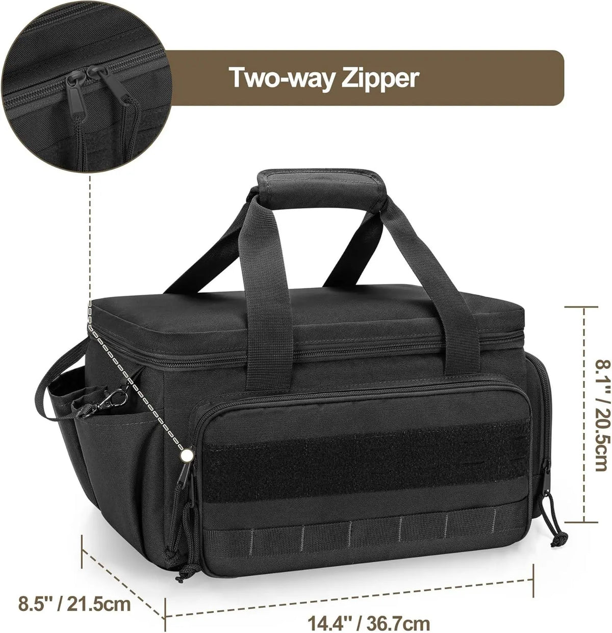 Black two-way zipper tool bag with a padded handle and non-slip base