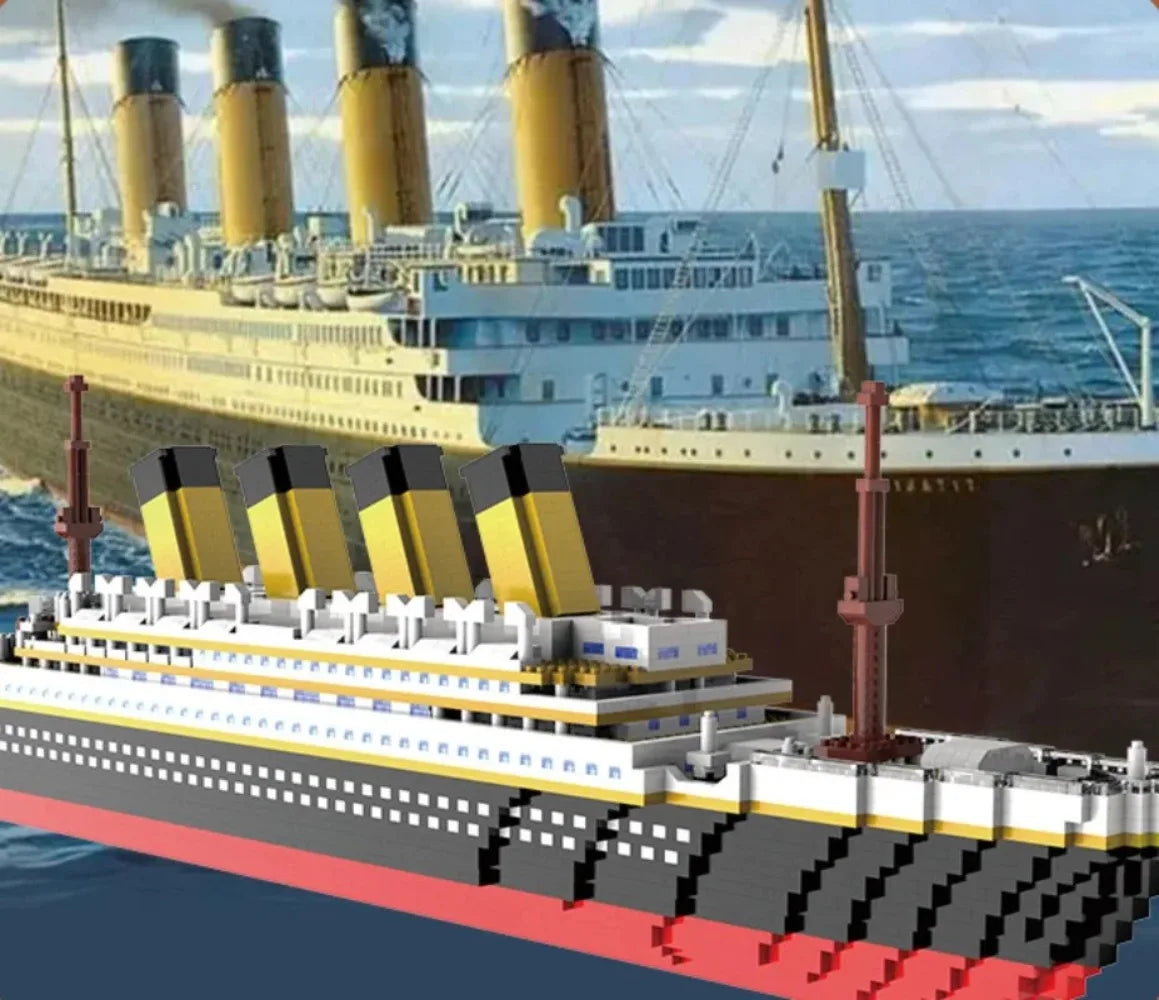 A detailed model kit of a large ship, resembling the Titanic, built from interlocking plastic blocks.