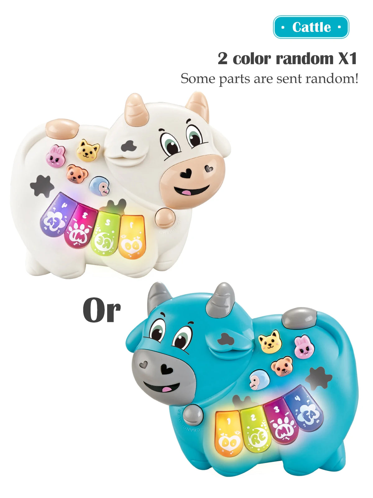 A white musical animal piano toy for toddlers with random color parts or a blue version.