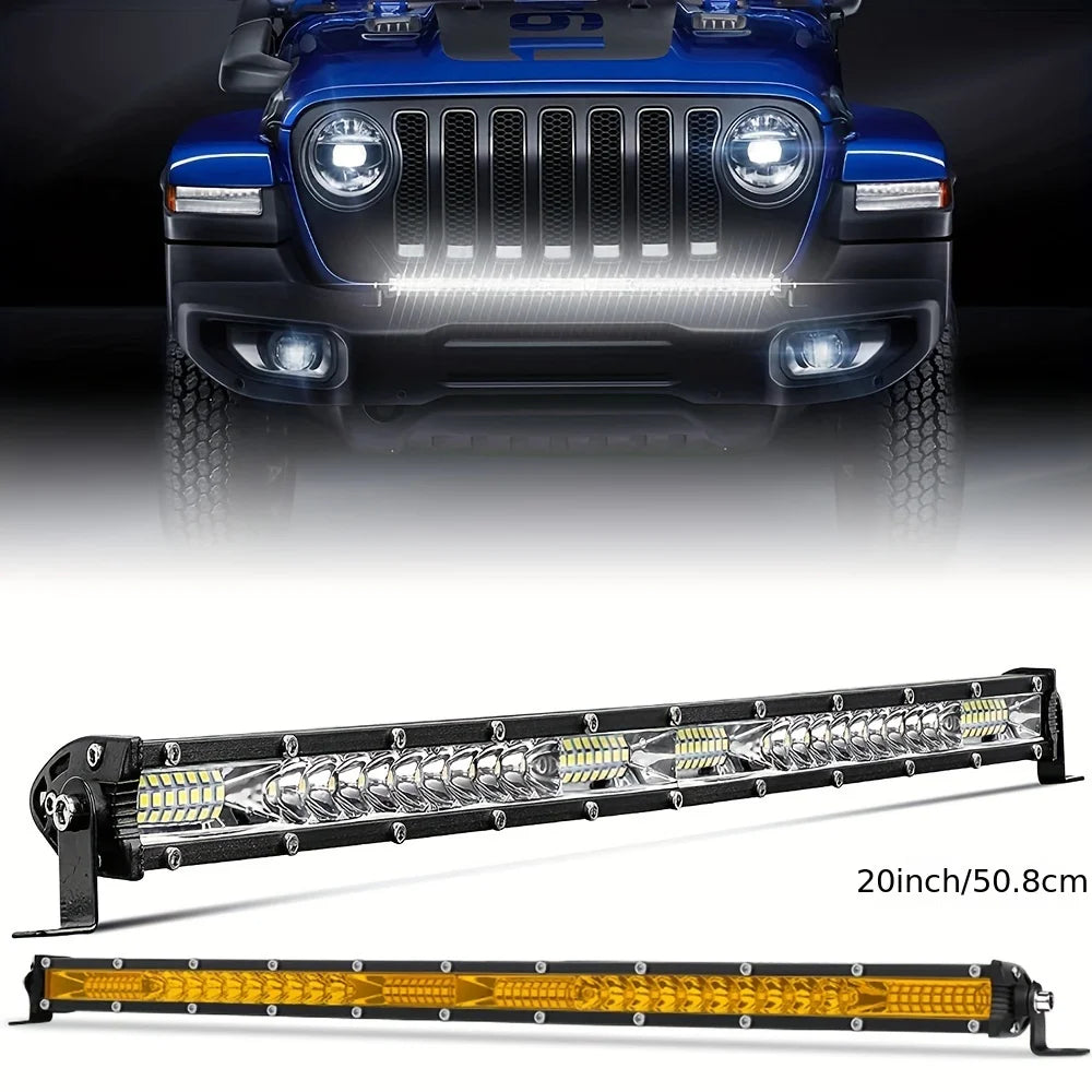 Eine leistungsstarke LED-Lichtleiste, montiert auf einem Fahrzeug, mit einer weiteren Version separat dargestellt.