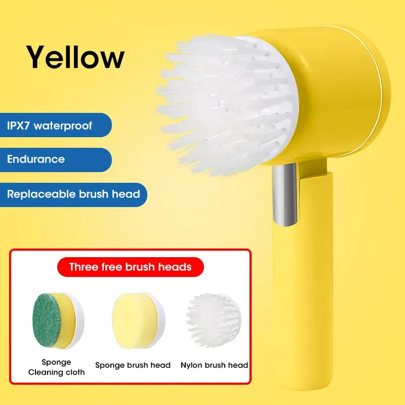 Yellow cordless electric spin scrubber with three interchangeable brush heads for cleaning