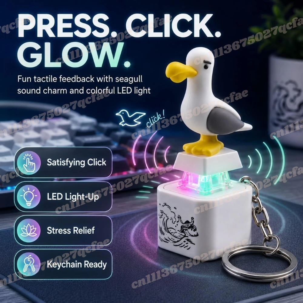 A white seagull-shaped fidget toy keychain with an LED light, displayed on a dark surface.