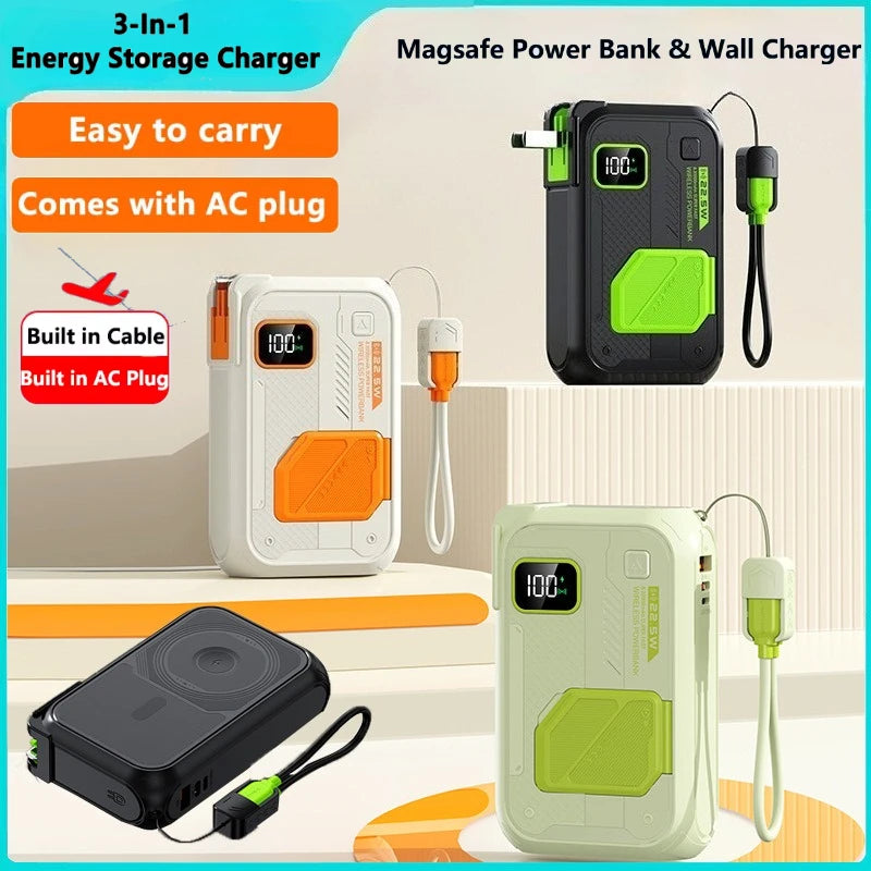 A set of three energy storage chargers including a power bank and wall charger with an AC plug and cable.