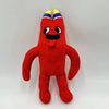 A red plush toy of an Opila Bird character with yellow and blue accents.