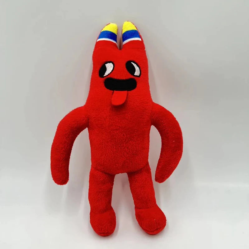 A red plush toy of an Opila Bird character with yellow and blue accents.