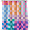 A shower curtain featuring a bright rainbow plaid pattern with pink, purple, orange, and blue squares.