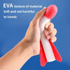 A hand is holding a red and white foam object with a pink tip, demonstrating the soft texture of EVA material.