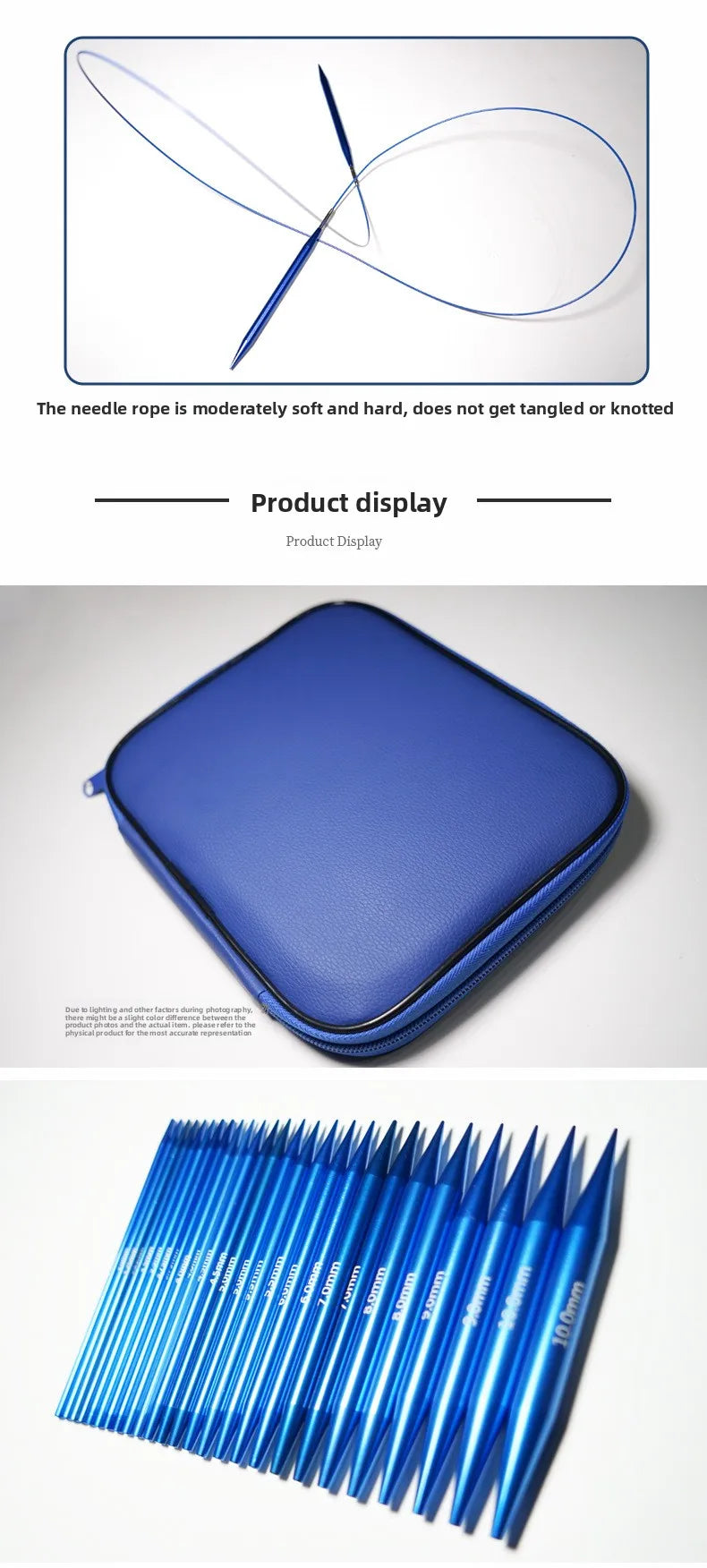 A set of blue circular knitting needles with sharp tips arranged in a fan shape.