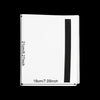 A white card binder album with a black closure strap shown against a black background.